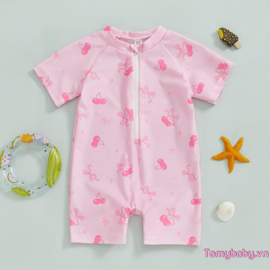 Bộ đồ bơi bé gái tập đi Cherry / Bow Print Zipper Tay ngắn có khóa kéo Bộ đồ tắm