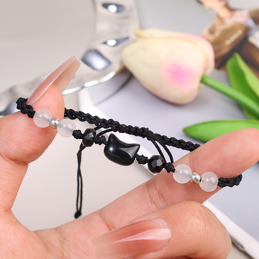 [3-5 ngày để đến] Vòng tay cặp đôi mèo trắng đen - Quà tặng người yêu ngày lễ tình nhân - Có thể điều chỉnh, thời trang, đơn giản, dễ thương - Dây tay đính cườm mặt trăng - Trang sức nam nữ