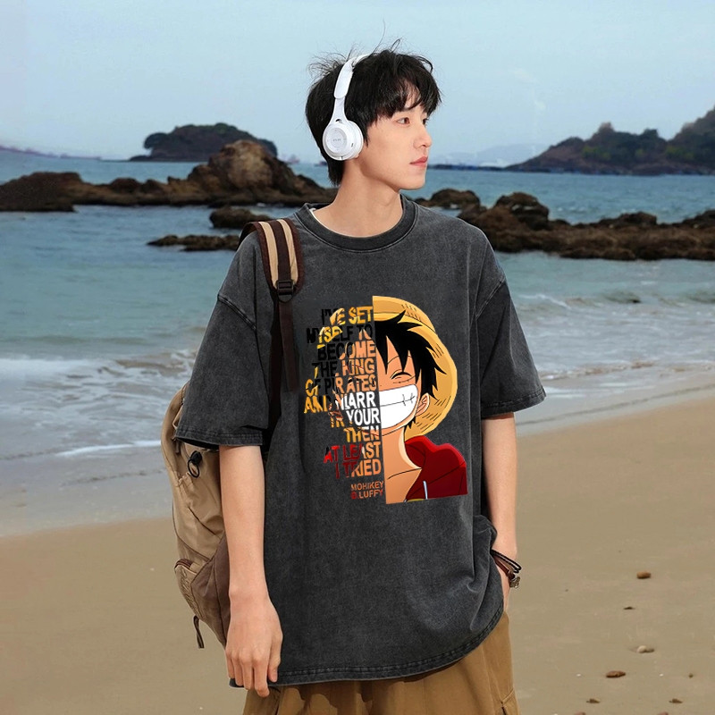 Áo thun ngắn tay 100% cotton nguyên chất ONE PIECE anime Luffy cho nam mùa hè vintage giặt sạch cá tính áo rộng đường phố