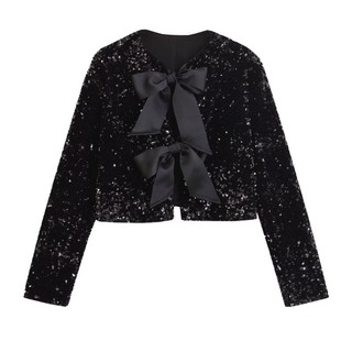 Vipdeal1 Nữ Lấp Lánh Sequins Áo Khoác Ren Nơ Mở Mặt Trước Đảng Shrug Cardigan Top