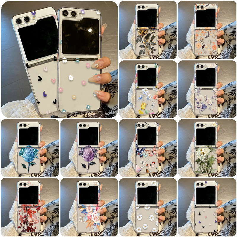 Ốp điện thoại PC cứng siêu mỏng họa tiết hoa trong suốt cho Samsung Galaxy Z Flip 5 Flip 3 Flip 4 Ốp lưng in hình mỏng mờ chống sốc Flip5