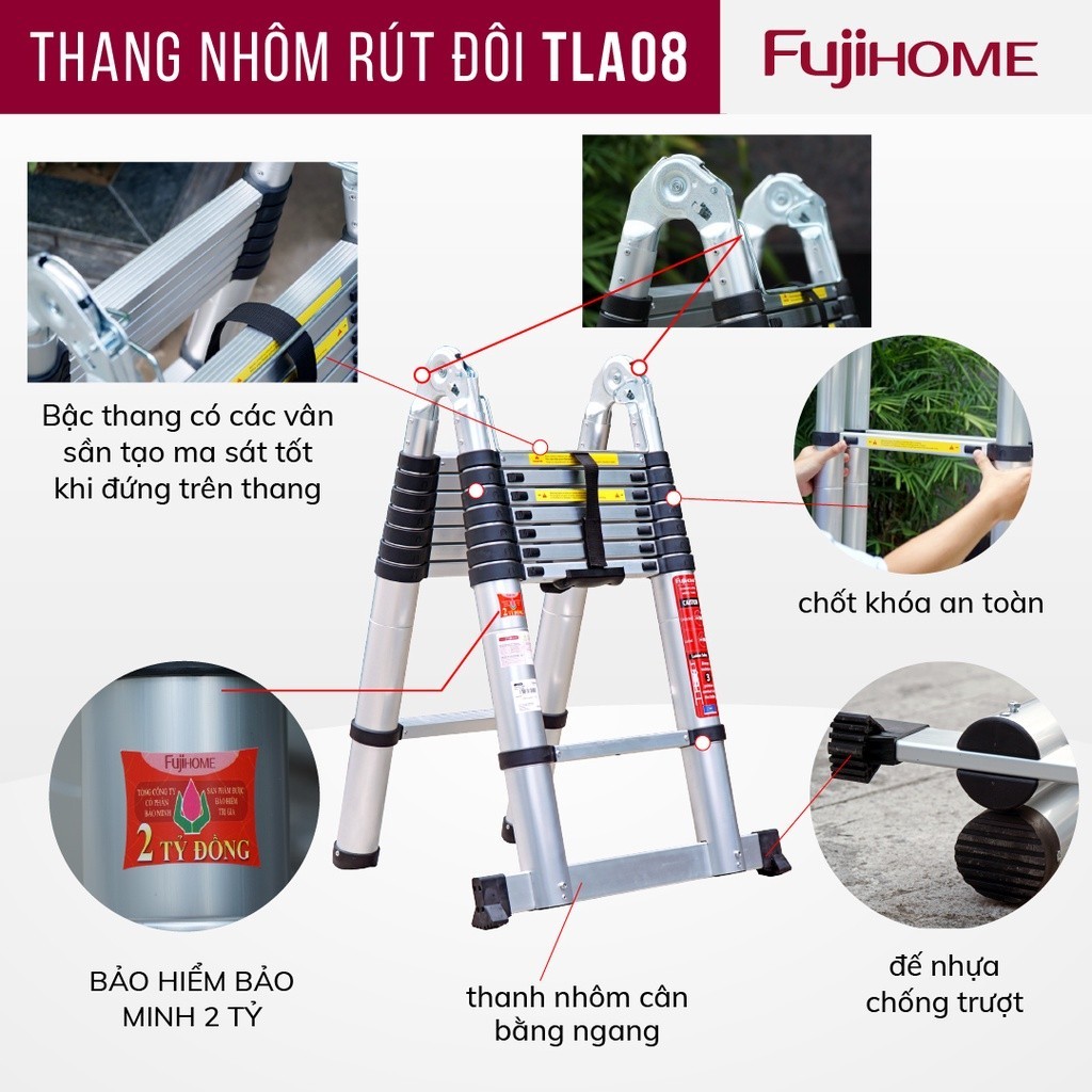 Thang nhôm rút đôi chữ A gấp gọn 4,4M - 5M FUJIHOME Nhập khẩu, thang rút đôi xếp gọn đa năng khoá chốt tự động an toàn