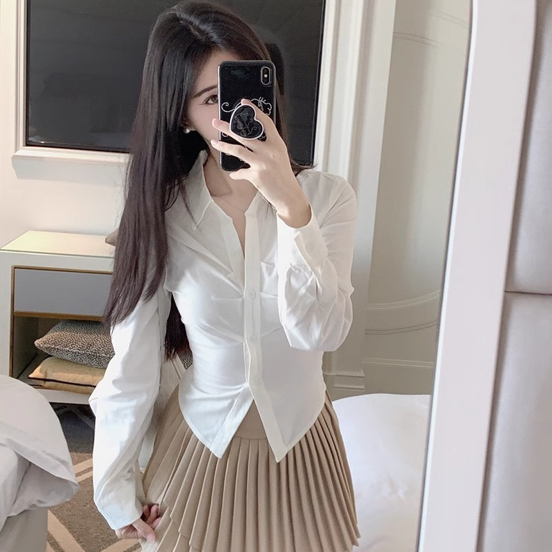 Áo sơ mi dài tay nữ BH phong cách Hàn Quốc cổ polo eo thon gọn