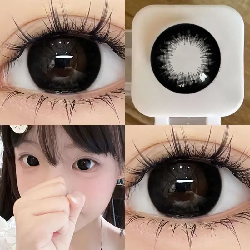 Set 2 Kính Áp Tròng Màu Đen contact lenses 0 ~ -8.00 black len 14.2mm lens cận lens nâu bean black 26