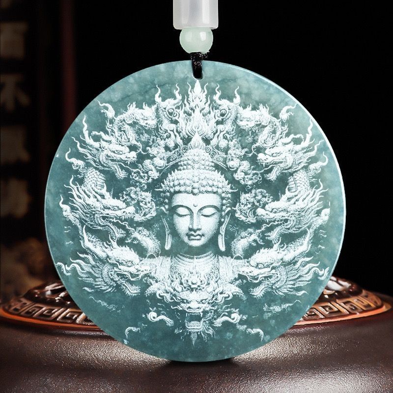 Ngọc Tự Nhiên Xanh Nước Bóng Khắc Tượng Phật Quan Âm Phật Đá Ngọc Mặt Dây Chuyền Nam Nữ Mặt Dây Chuyền