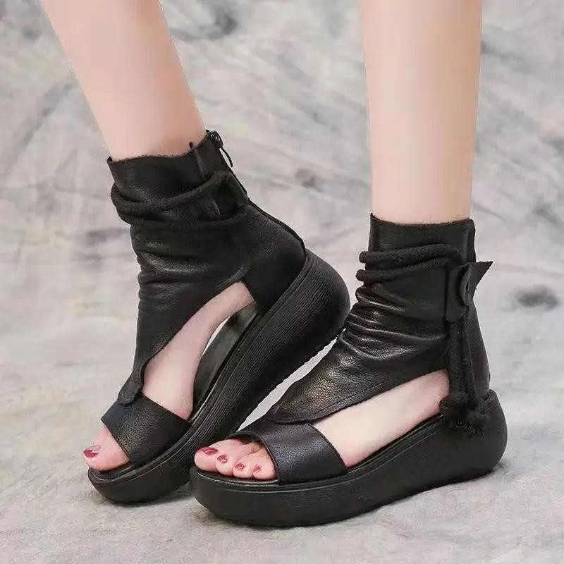 Nữ Vintage Da PU Thoáng Mát Xăng đan Nữ Thời Trang Mùa Hè Giữa Giày Nêm Xăng đan Mujer Sapato Feminino