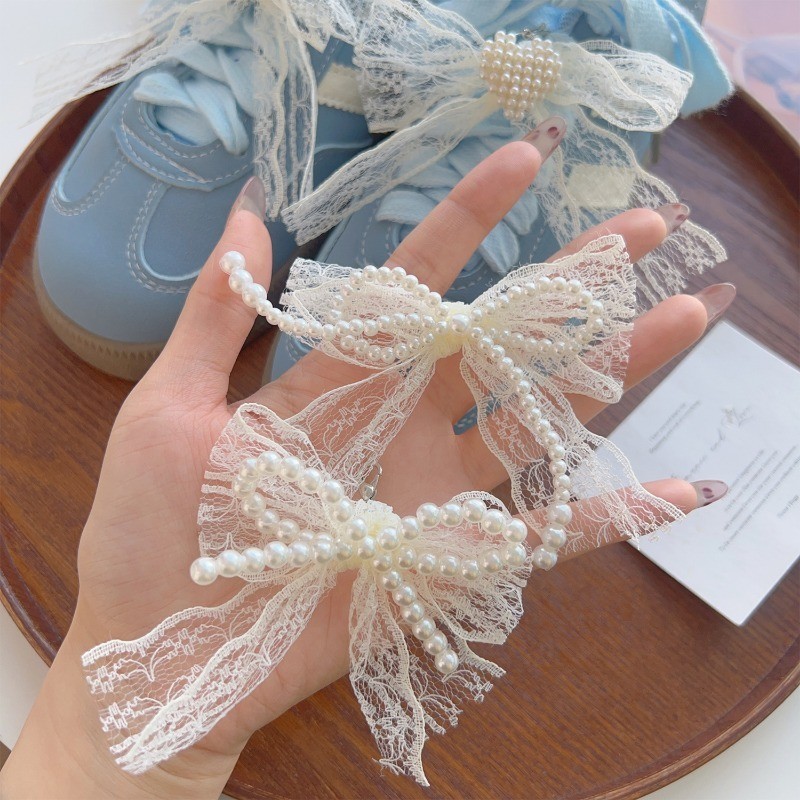 Khóa Tôm Hùm Mặt Dây Chuyền Nơ - Dành Cho Giày Thể Thao, Giày Da, Túi - Khóa Dây Giày Ren Ngọc Trai Nơ - Phụ Kiện Đồ Trang Trí Giày DIY - Ngọt Ngào, Phong Cách Ins Hàn Quốc, Thời Trang