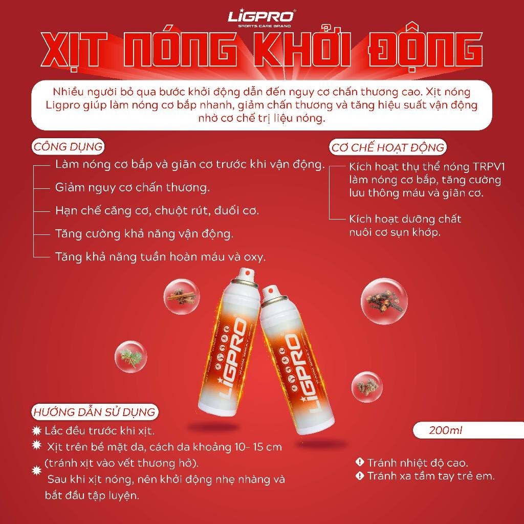 Xịt nóng khởi động LIGPRO 200ml Chiết xuất từ thiên nhiên, giảm đau giúp khởi động hiệu quả thethaochinhhang