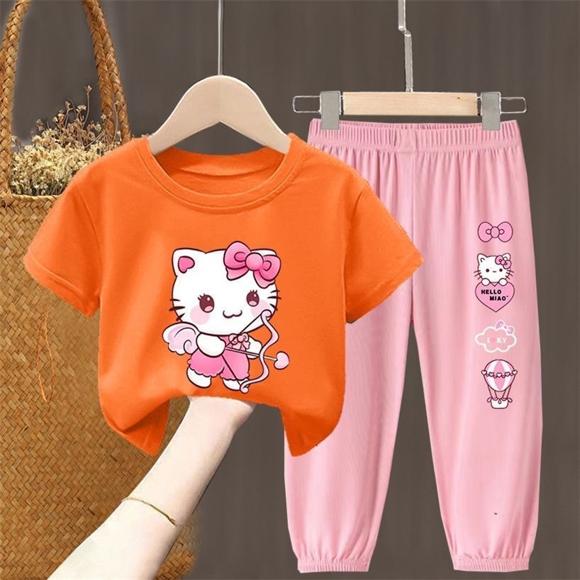 2025 Mèo Kitty Mới Trẻ Em Mùa Hè Bộ Áo Thun Tay Ngắn Thời Trang Và Quần Chống Muỗi Trang Phục Thường Ngày Và Đa Năng Cho Bé Trai Và Bé Gái