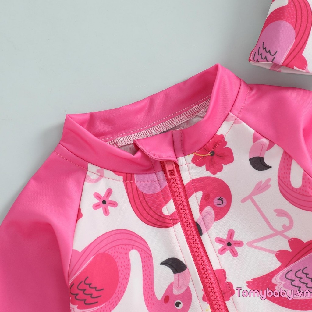Đồ bơi dài tay cho bé gái Flamingo In nửa dây kéo không đóng cọc Rash Guard Đồ bơi + Bộ Sunhat