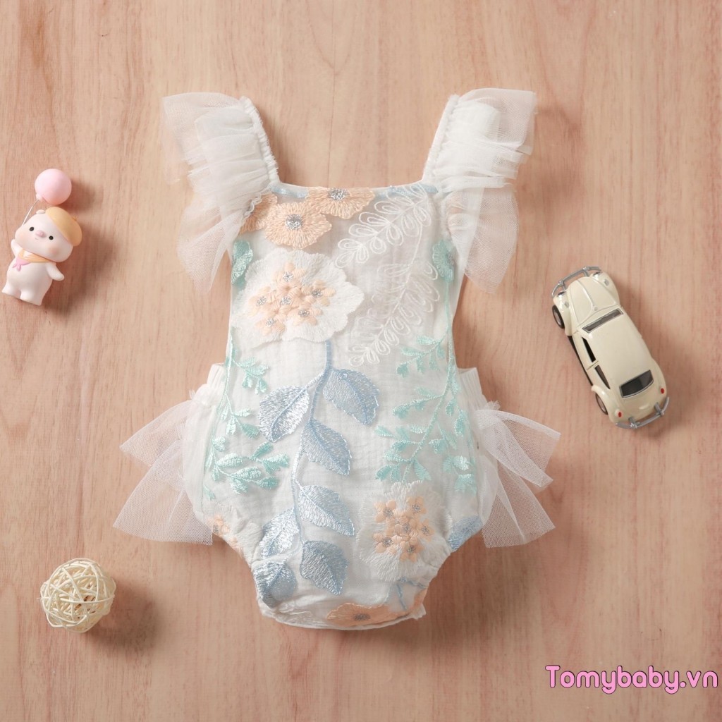 Áo liền quần Hai Dây Thêu Hoa Cho Bé Gái