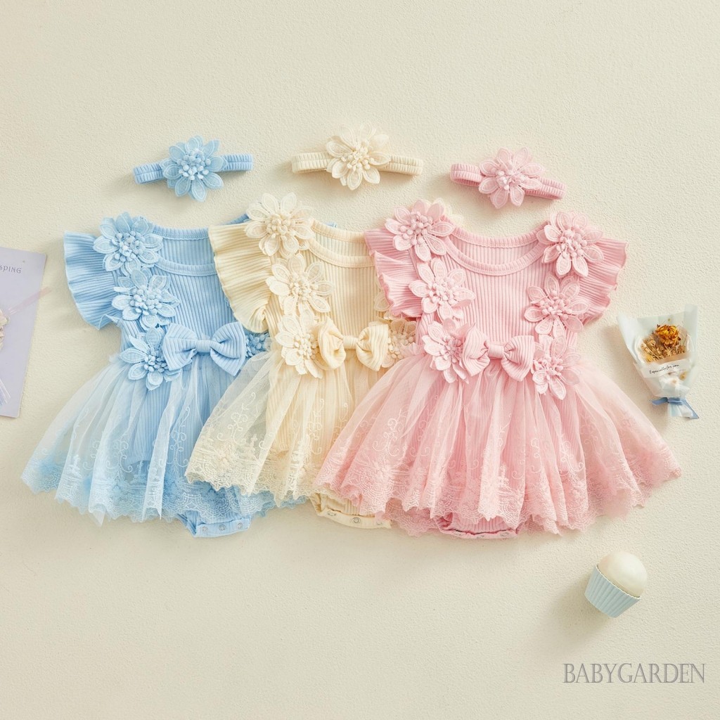 Baga-baby Girl Lưới Ren Chắp Vá Ruffle Romper Đầm Và Băng Đô Thời Trang Dễ Thương Quần Áo Mùa Hè