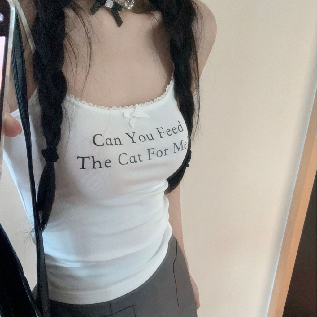 Milyfashion Pure Desire Tấm lót ngực cố định Sling Màu đen In chữ mặc ngoài mùa hè Slim-fit eo hẹp phù hợp với hàng đầu