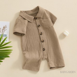 Baga-bộ áo liền quần mùa hè cho bé trai màu trơn tay ngắn có ve áo nút xuống áo liền quần cho bé