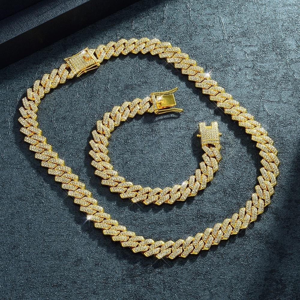 [Tặng 2 nhẫn] Set dây chuyền và lắc tay đính đá cuban bling bling ver 2 bản 14mm