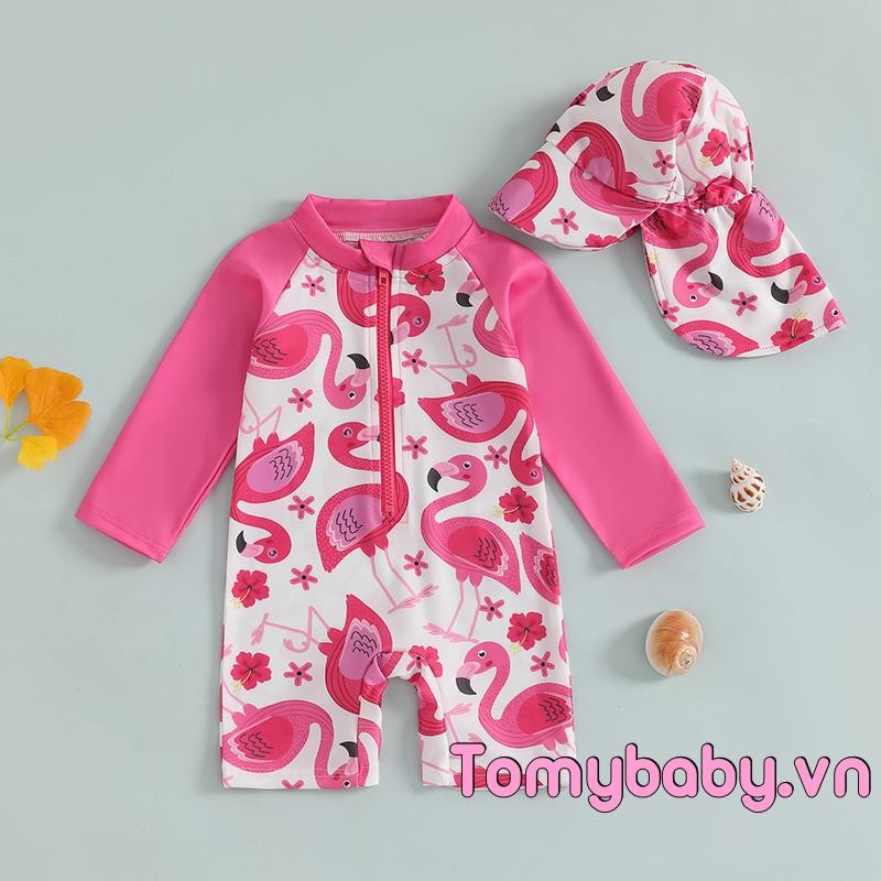 Đồ bơi dài tay cho bé gái Flamingo In nửa dây kéo không đóng cọc Rash Guard Đồ bơi + Bộ Sunhat