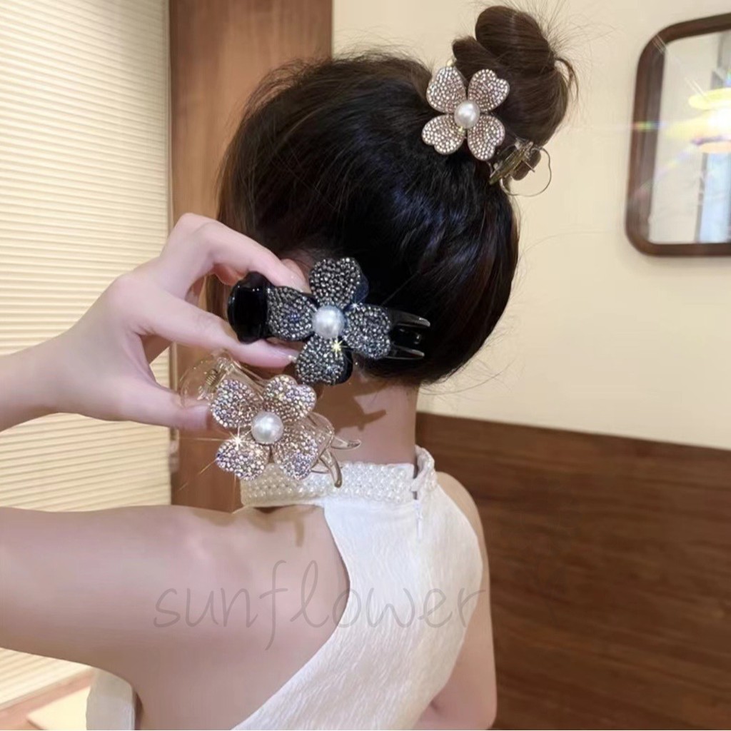Full Diamond Pearl Bốn Lá Cỏ Ba Lá Lấy Kẹp Tóc Hoa