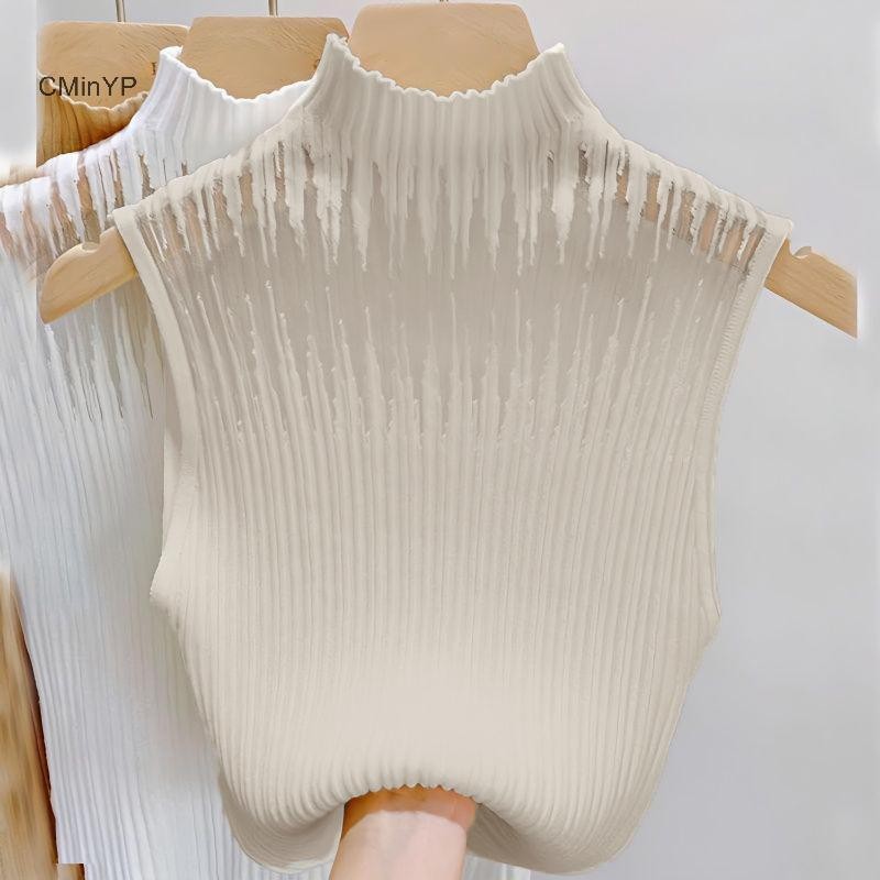 Cminyp Mùa Hè Hàn Quốc Nửa Cổ Rùa Rỗng Dệt Kim Áo Vest Nữ Màu Trơn Không Tay Slim Tank Top Glory