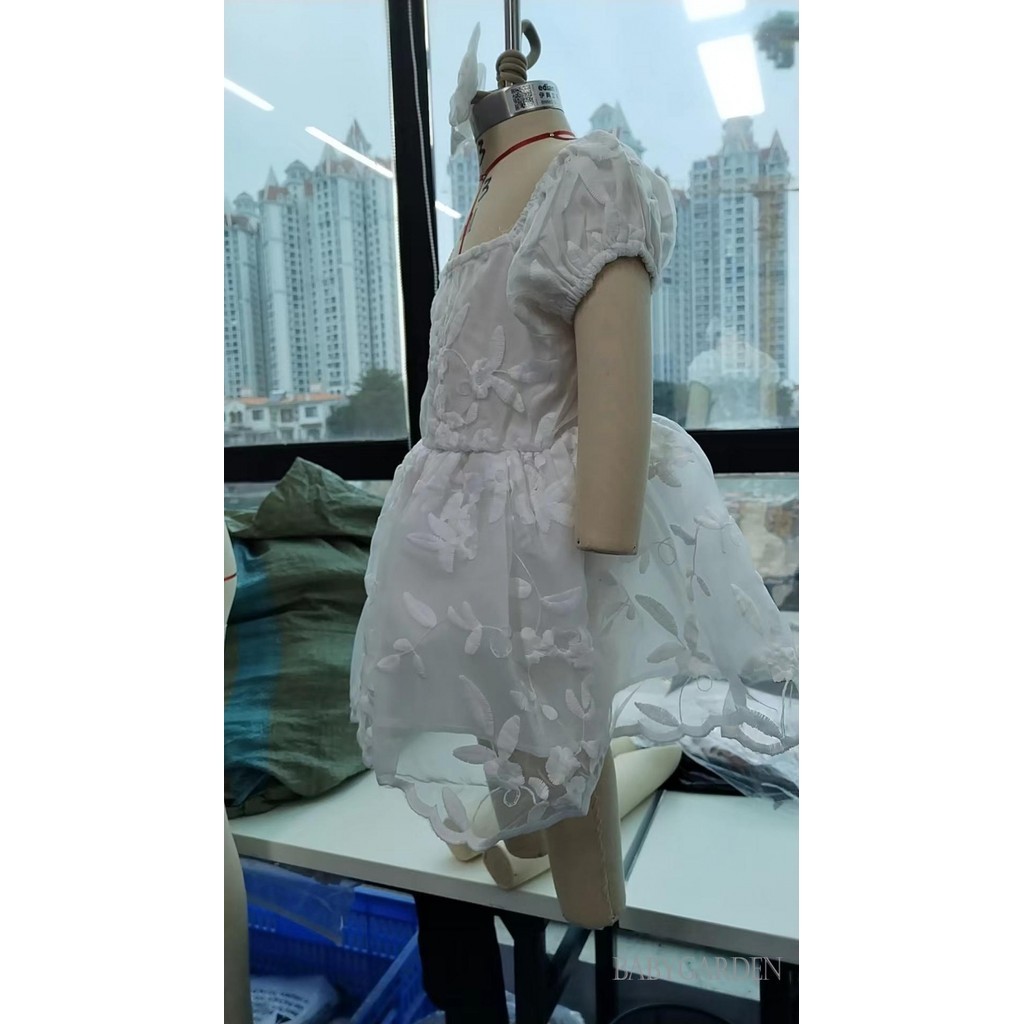 Baga-baby Bé Gái Rompers Đầm Hoa Thêu Tay Phồng Lớp Tulle Viền Trẻ Sơ Sinh Body Có Băng Đô Trắng