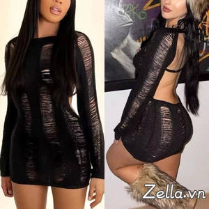 Phụ Nữ Màu Trơn Cutout Dài Tay Cổ Tròn Ngắn Quấn Midi Váy