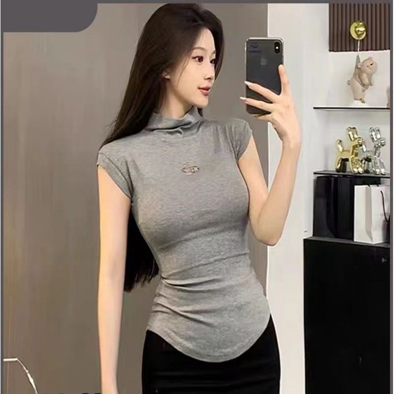 Milyfashion Mỹ Retro Nửa Cổ Cao Chính Hãng Vai Skinny Không Tay Áo Thun Nữ Mùa Hè Hot Girl Slim-fit Slimmer Nhìn Sang Trọng Ngắn