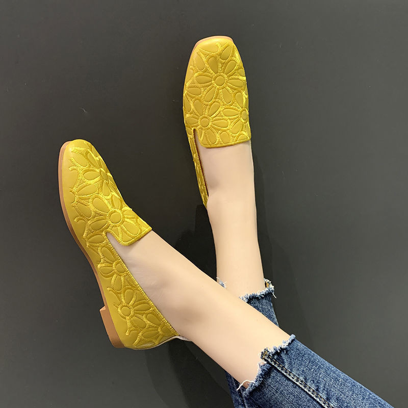 Size 35-42 Giày Mùa Hè Mũi Vuông Cho Nữ Thêu Thiết Kế Giày Dép Mềm Moccasin Giải Trí Nữ Ballet Flats