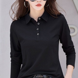 Cao Cấp Cotton Nguyên Chất Dài Tay Áo Thun Nữ polo Áo Sơ Mi Đầu Thu Phong Cách Mới Bên Trong Đáy Áo Sơ Mi Nữ Mỏng Hơn Nhìn Ve Áo Thể Thao Top