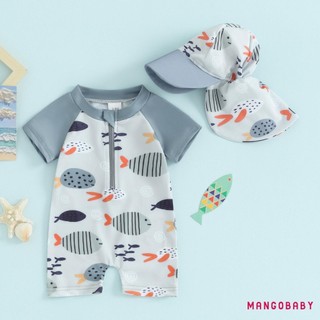 Mg-toddler Bé Trai Rash Guard Đồ Bơi Hoạt Hình In Cá Tay Ngắn Đồ Bơi Dây Kéo Phía Trước Bộ Đồ Tắm Có Mũ Bơi