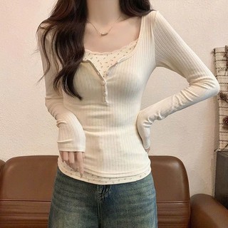 Áo thun babytee dài tay ôm body trắng kem 4 cúc ngực nữ xinh xắn