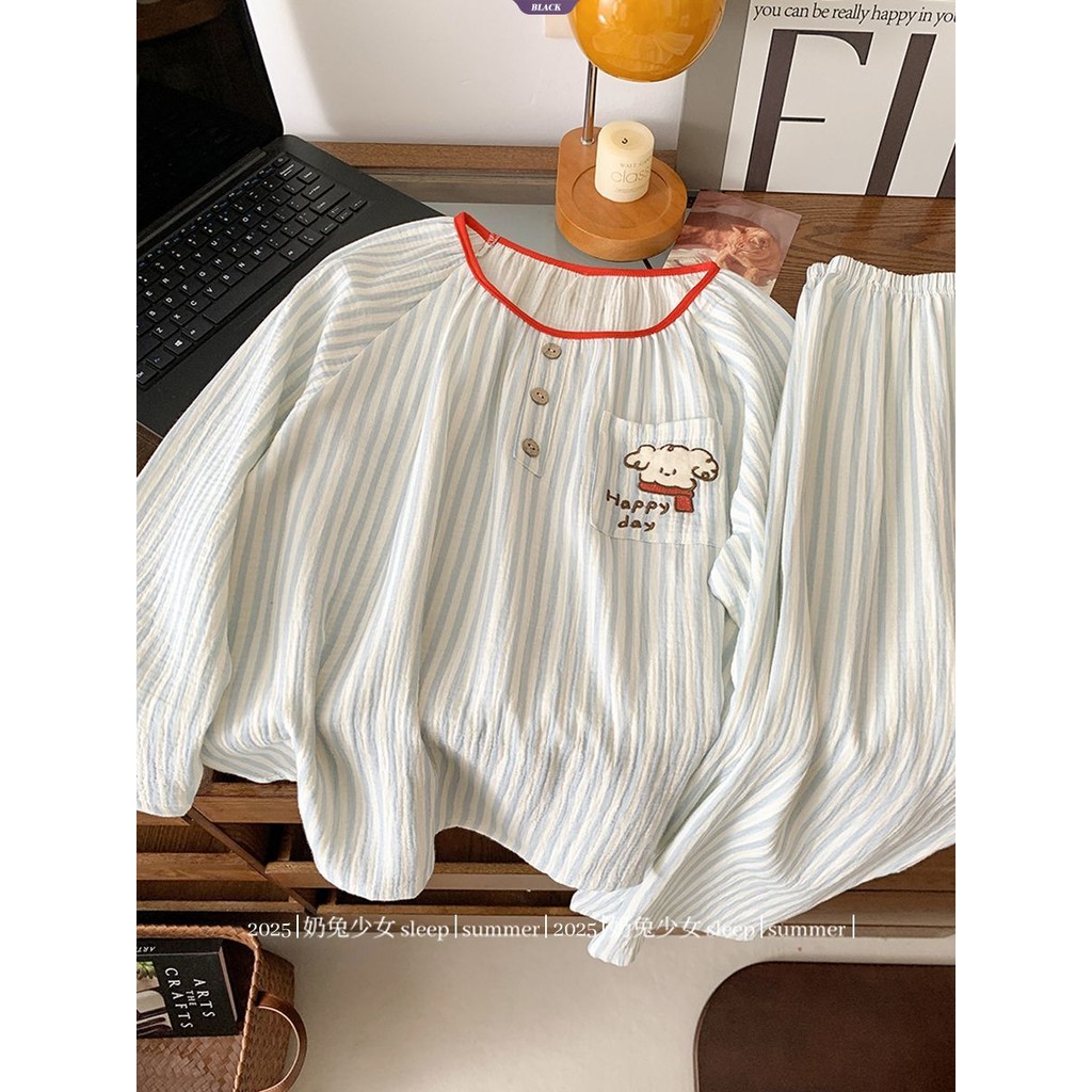Dễ Thương Happy Curly Hair Puppy Cô Gái Nhật Bản Bộ Đồ Ngủ Cổ Tròn Nữ Xuân Thu Thường Ngày Dài Tay Set [BL]