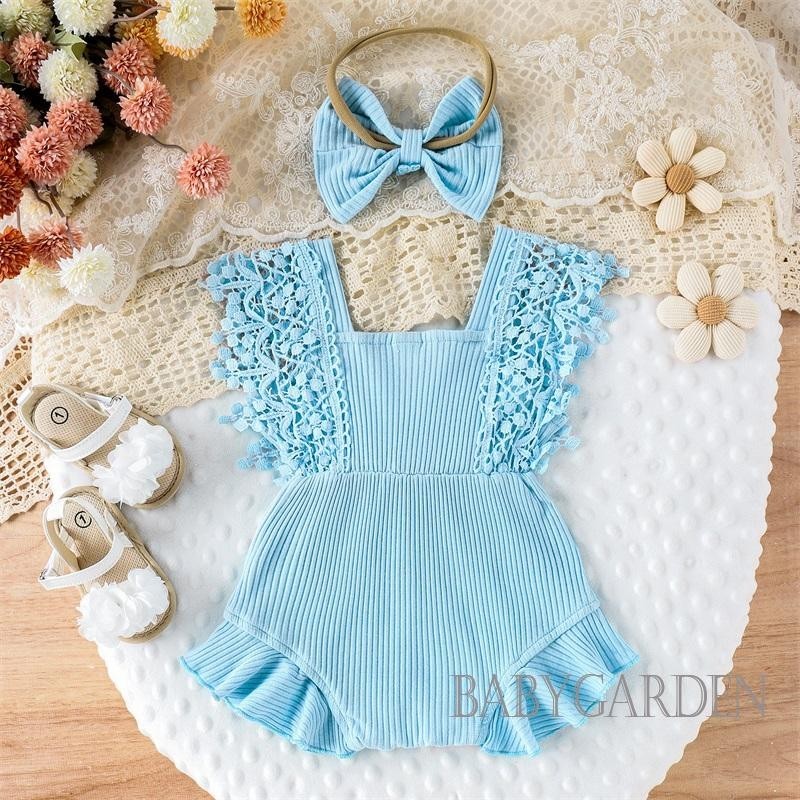 Bộ Áo Liền Quần Cổ Tròn Viền Ren + Băng Đô Thời Trang Mùa Hè Cho Bé Gái