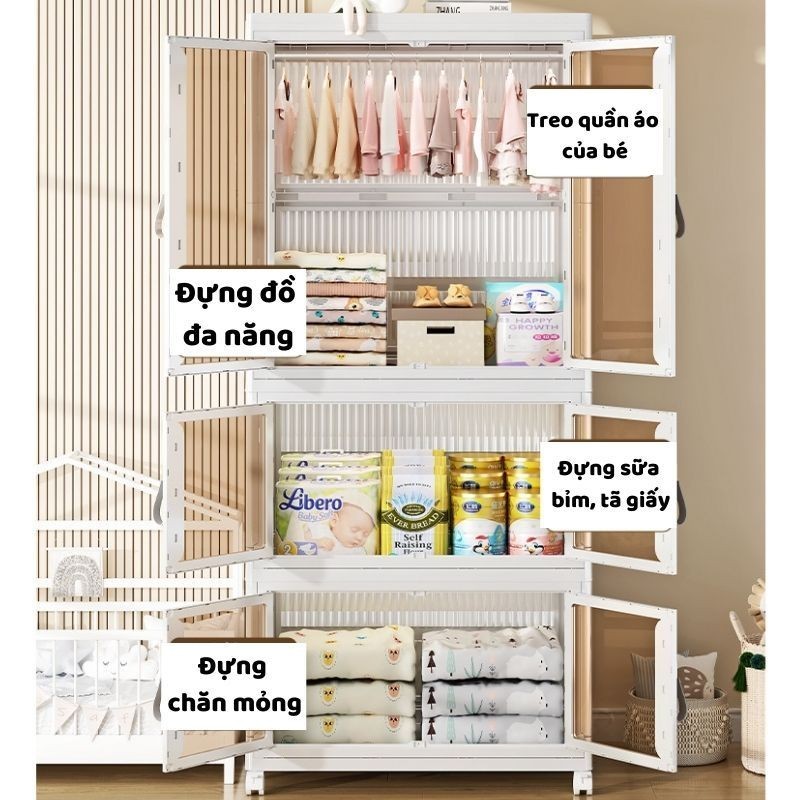 Tủ Đựng Quần Áo Cho Bé ENODA HOME, Tủ Quần Áo Có Ngăn Treo, Bánh Xe Xoay 360, Cửa Nam Châm Chống Bụi Hiệu Quả TUN043