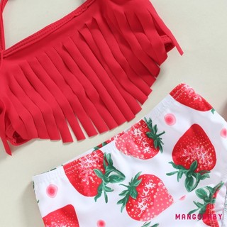 Mg-toddler Bé Gái 3 Mảnh Đồ Bơi Tua Rua Màu Trơn Áo Dâu / In Hoa Quần Short Băng Đô Chia Bộ Đồ Tắm Đồ Bơi