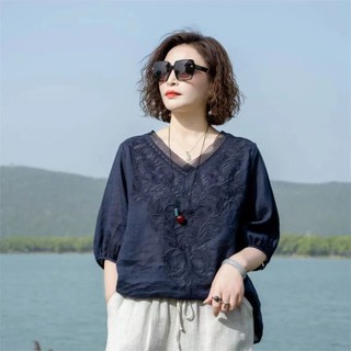 Mùa Hè Mới Thêu Ramie Đa Năng Thời Trang Cotton Và Vải Lanh Áo Sơ Mi Top Retro Áo Sơ Mi Nữ Tay Ngắn Nữ