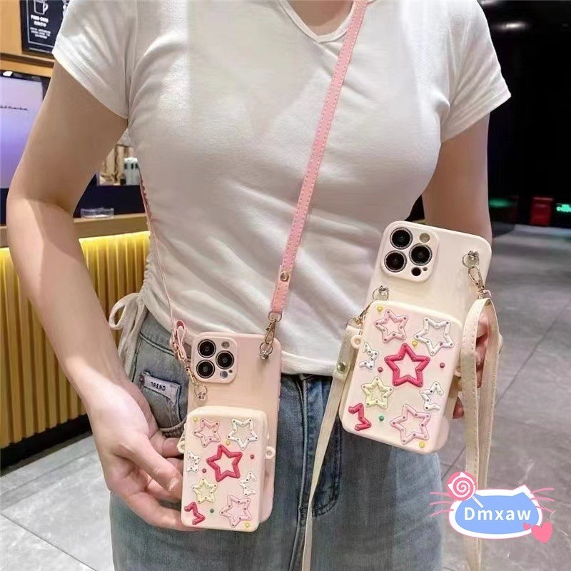 Dành Cho iPhone 16 Pro Max 16 Plus 15 Pro Max 15 Plus 14 13 12 Pro Max 14 Plus 13 12 Mini Màu Hồng Nhiều Màu Sắc Ngôi Sao Năm Cánh Ví Đựng Tiền Xu Ốp Lưng Điện Thoại Có Dây Đeo Chéo