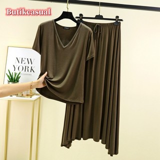 Áo Thun Nữ Váy 2 Bộ Đồng Bằng Mùa Hè Mới Tay Ngắn Cổ Chữ v Áo Sơ Mi Mỏng Rời Lớn Xoay Phù Hợp Với