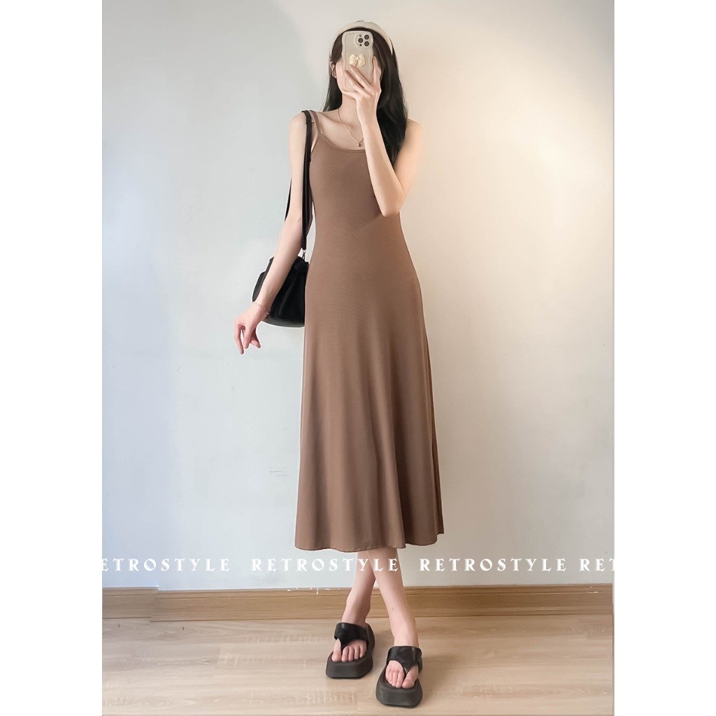 Đầm Body Nữ Hai Dây Dáng Dài Basic Ulzzang Chất Thun Gân Trung Dày Dặn Tôn Dáng - D020