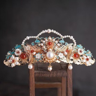 Phong cách cổ xưa Phụ kiện tóc thủ công Ming Made Tang Style Burnt Blue Hair Crown Hanfu Mũ đội đầu cô dâu Phong cảnh tuyệt đẹp Màu xanh tinh tế Lược tóc phong cách cổ xưa Phụ kiện tóc thủ công Ming Made Tang Style Burnt Blue Fever Crown Hanfu Bridal Head