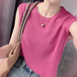 [Chất liệu Acrylic] Mùa hè 2024 Phiên bản Hàn Quốc Áo len lụa băng không tay cổ tròn đơn giản dành cho nữ Áo len mỏng hơn mọi phong cách thời trang