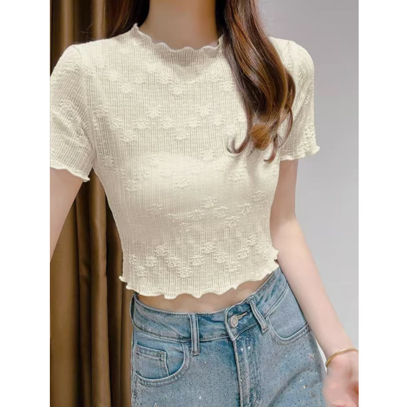 SUXI Áo thun ngắn tay cổ cao màu trơn đơn giản vừa vặn cho nữ 250219