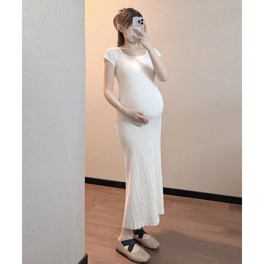 Trang phục bà bầu mùa hè cổ vuông tay ngắn ôm vừa vặn hơn Váy bà bầu