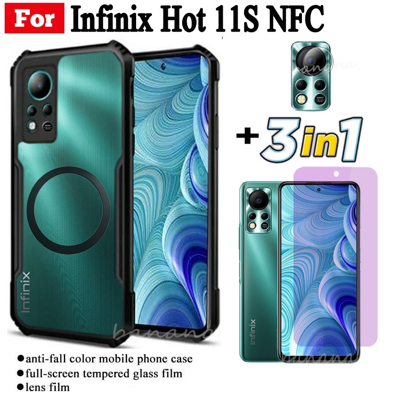 Ốp điện thoại chống sốc 3 trong 1 Infinix Hot 11s NFC có nhãn dán sạc không dây từ tính cho Infinix Hot 11s 10s Bảo vệ toàn diện Kính cường lực bảo vệ màn hình và phim ống kính