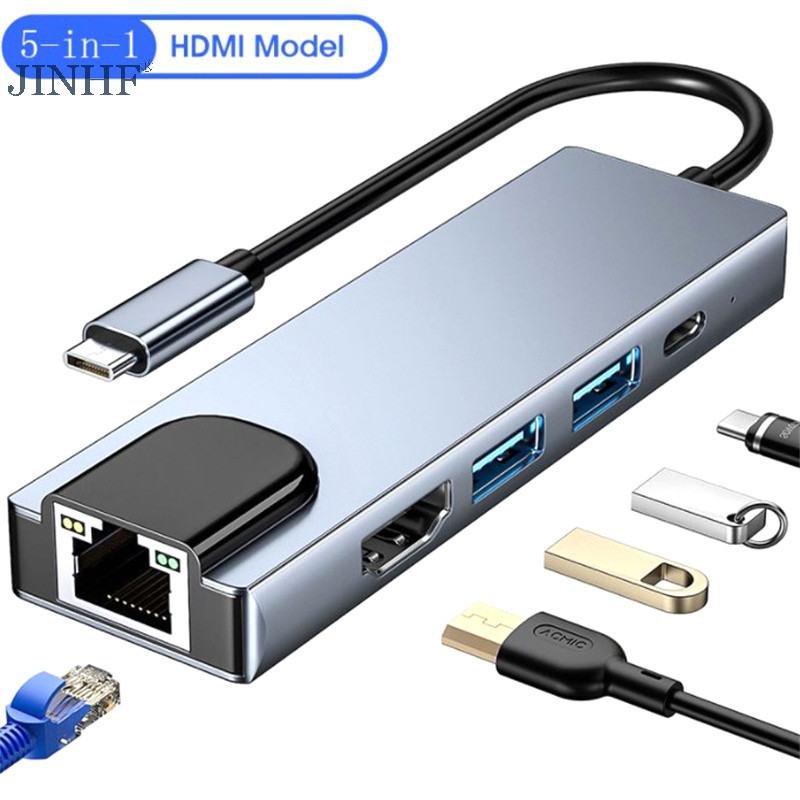 JINHF 5 Trong 1 USB C Hub Loại C Sang 4K Bộ Chuyển Đổi Tương Thích RJ45 Mạng 100M Ethernet Lan Cổng Sạc Adapter Cho Pro HOT