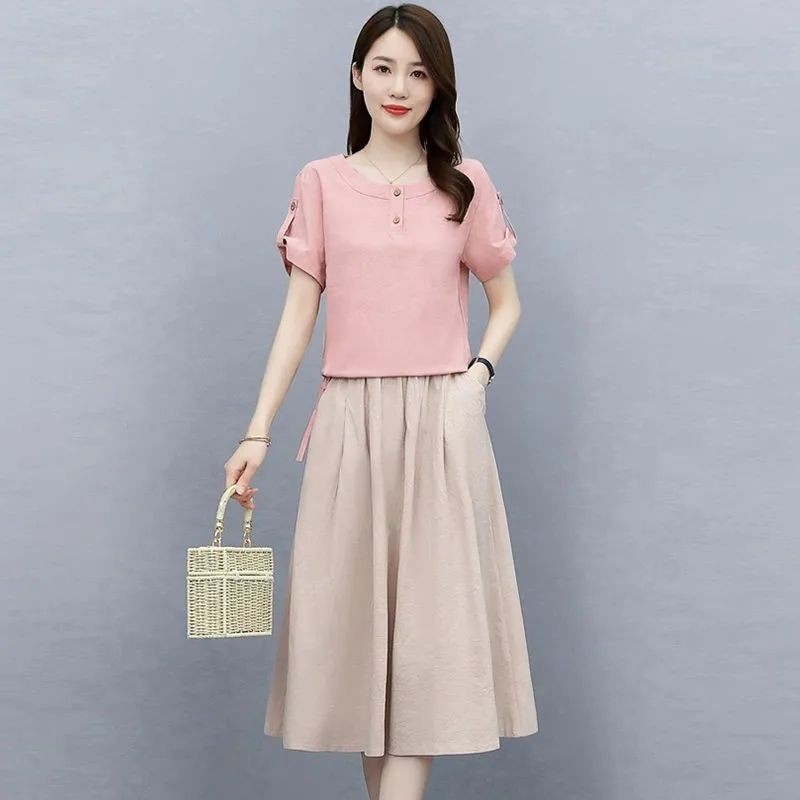 Bộ Áo thun ngắn tay khí chất phong cách Hàn Quốc mới mùa hè dành cho nữ + Váy chữ a Bộ hai mảnh