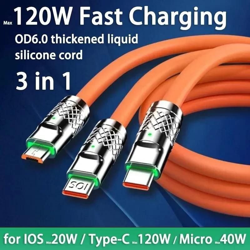 Cáp sạc nhanh 3 trong 1 120W 6A Micro USB tương thích cho cáp sạc iPhone cho Samsung Sạc điện thoại Cáp USB