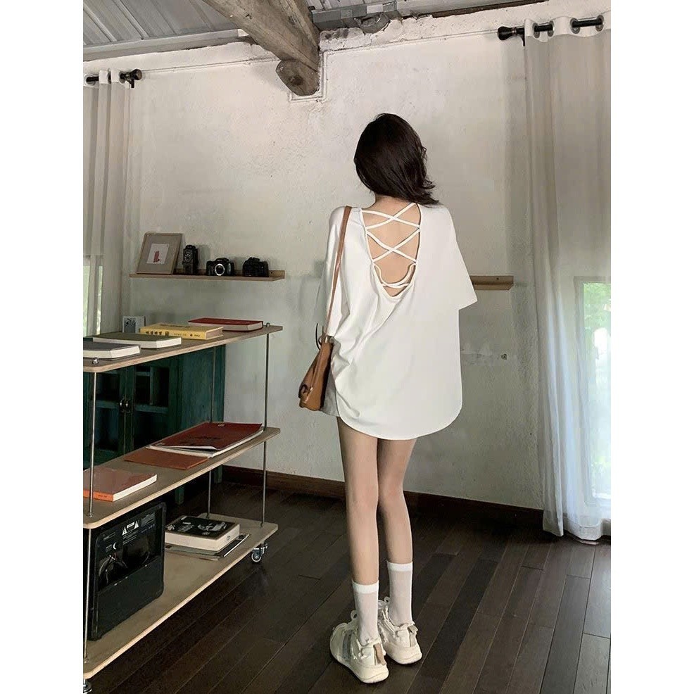 Áo thun nữ mùa hè dáng rộng thiết kế dây đan hở lưng quyến rũ hottrend XIMIMI SP274
