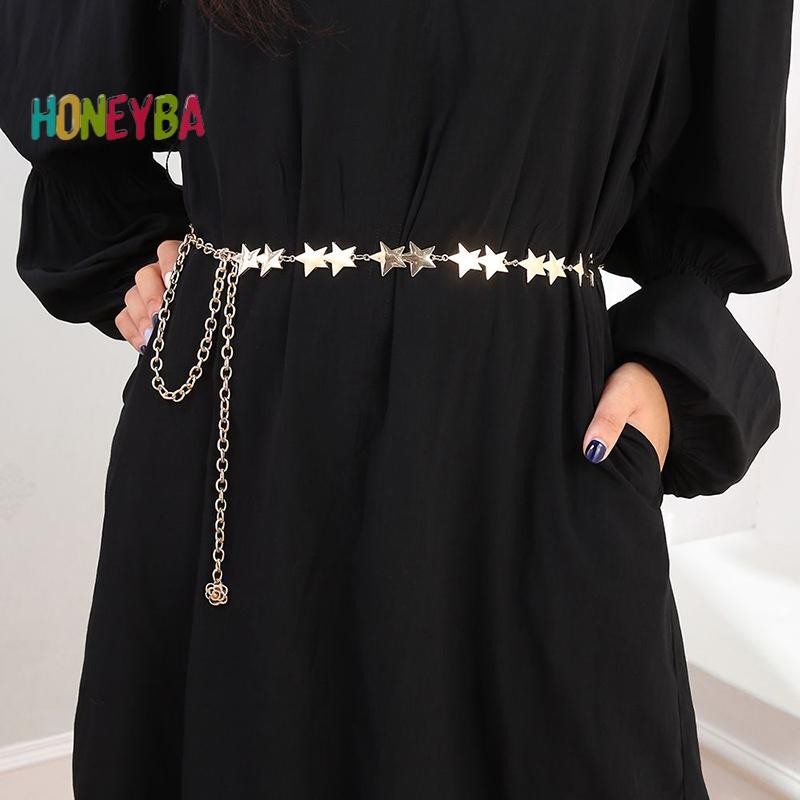 < Honeyba > Vintage Nữ Thắt Lưng Nữ Kim Loại Ngôi Sao Pentagram Dây Xích Thắt Lưng Dây Xích Thắt Lưng Nữ Trang Trí Cơ Thể
