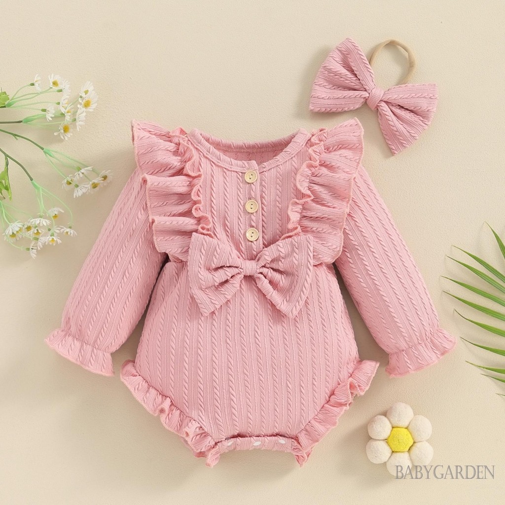 Baga-bộ áo liền quần xếp nếp cho bé gái sơ sinh Áo liền quần dài tay cổ tròn có băng đô