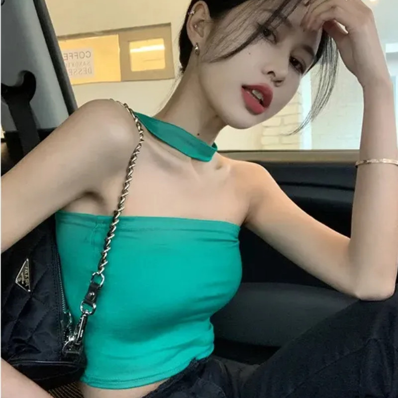 K Dệt Kim Áo Mùa Hè Phong Cách Mới Gợi Cảm Dây Ngắn Camisole Một Vai Dệt Kim Top