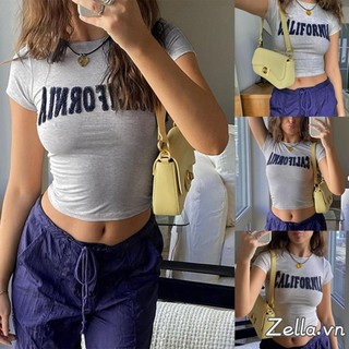 Áo thun nữ tay ngắn thêu chữ cổ tròn mùa hè Slim Fit Crop Tops Dạo phố